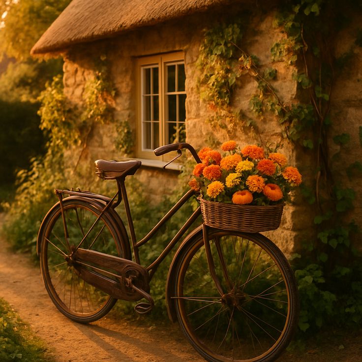 Stilisiertes Fahrrad und Stadtform in Amber und Creme